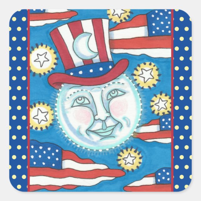 AMERICANA FOLK ART PATRIOTIC MAN IN THE MOON SQUARE STICKER (Front)