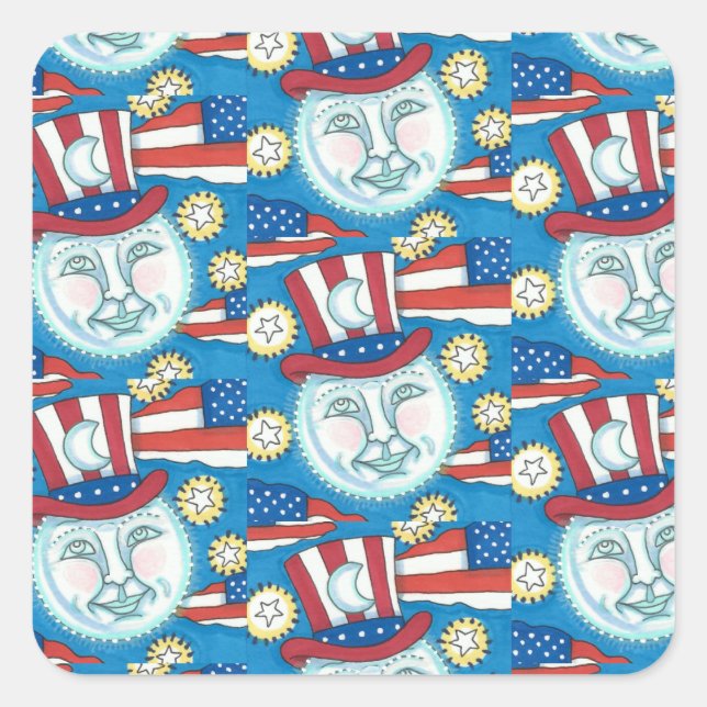 AMERICANA FOLK ART PATRIOTIC MAN IN THE MOON SQUARE STICKER (Front)