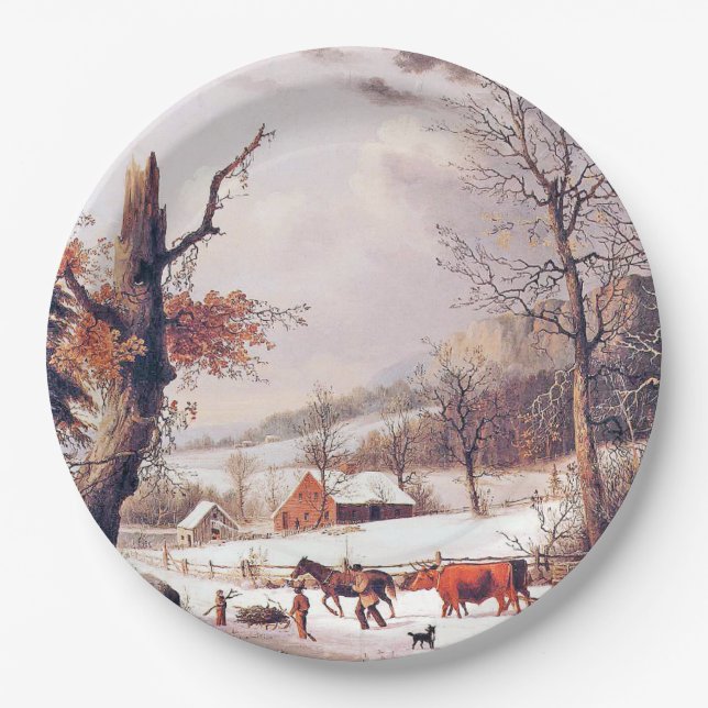 Americana Gathering Wood Snow Paper Plate (Front)
