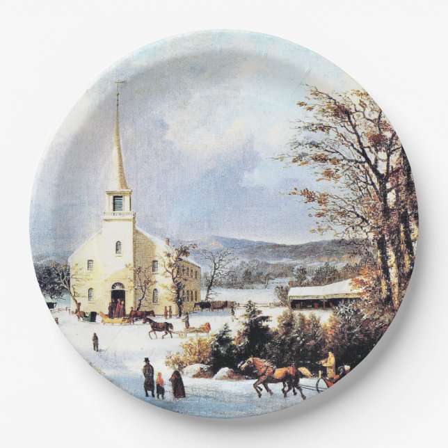 Americana Going to Church Horse Sleigh Paper Plate (Front)