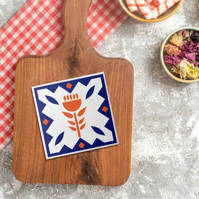 Americana Orange Tulip Blue Border Ceramic Tile (Creator Uploaded)