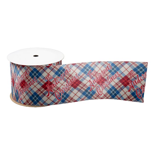 Americana Plaid Family Name Christmas  Satin Ribbon (Spool)