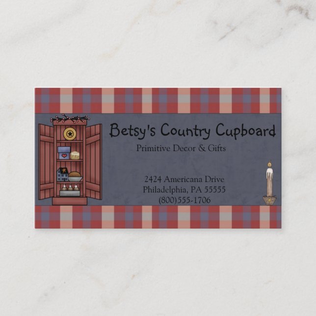 Americana Primitive Country Red, white, Blue Plaid Business Card (Front)