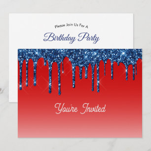 Americana Red Blue Glitter Drip Birthday Invitation