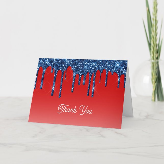 Americana Red Blue Glitter Drip Thank You Card (Front)