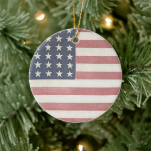 Americana Red White and Blue Vintage Flag Ceramic Tree Decoration