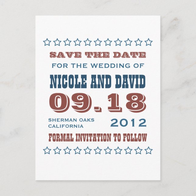 Americana stars wedding announcement save the date postcard (Front)