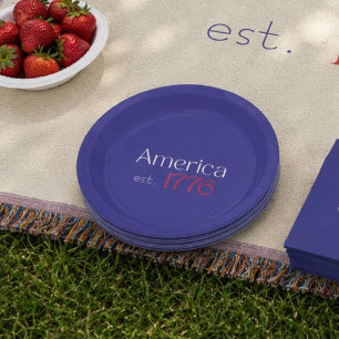 America's 250 Birthday est 1776 Typography Blue Paper Plate