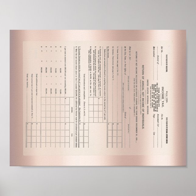 America's First Income Tax Form 1040 Rose Gold Poster (Front)