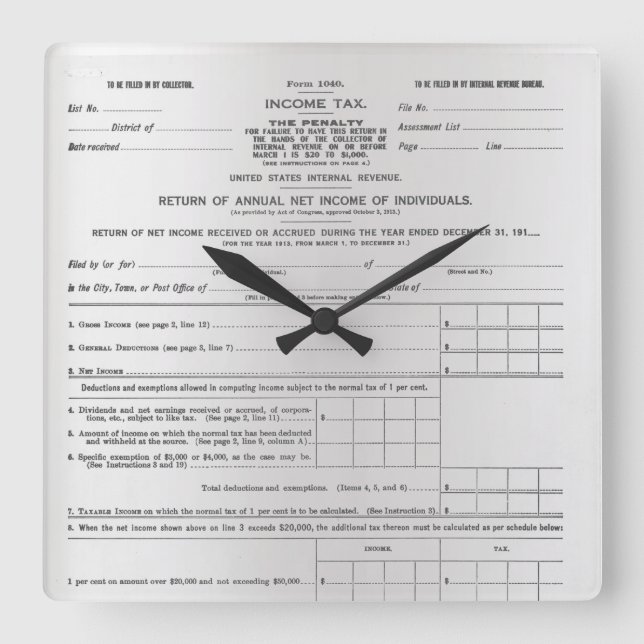 America's First Income Tax Form Silver Grey Black Square Wall Clock (Front)