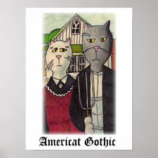 Americat Gothic Cat Cartoon Character Art Poster