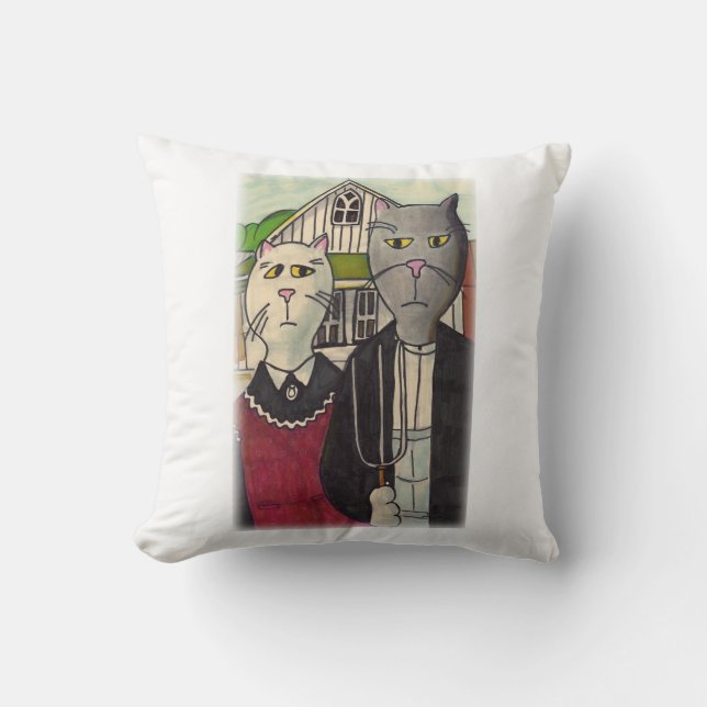 Americat Gothic Classic Cat Art Parody Design Cushion (Front)