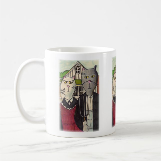 Americat Gothic Cute Classic Cat Character Art Coffee Mug (Left)