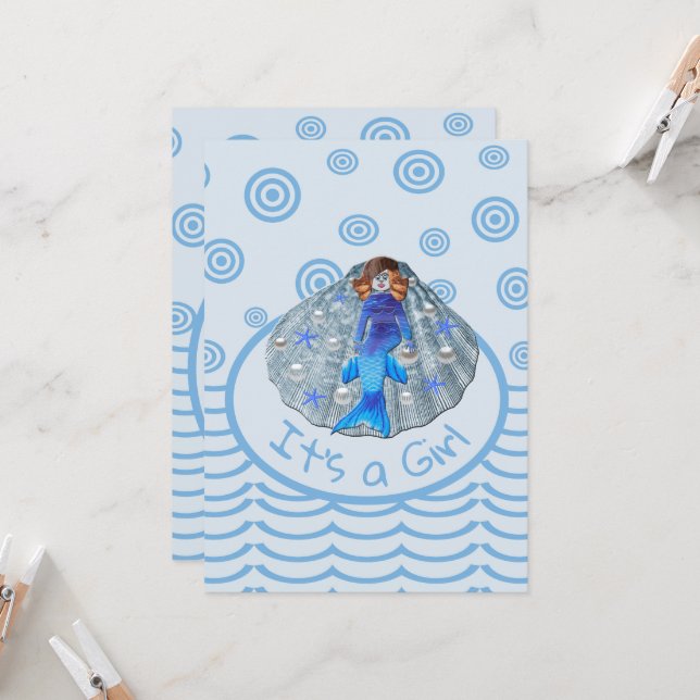 Americus Mermaid Shell It's a Girl Invitation (Front/Back In Situ)