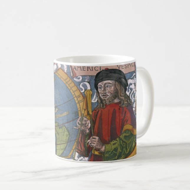 Amerigo Vespucci Explorer on a Map of the Americas Coffee Mug (Front Right)