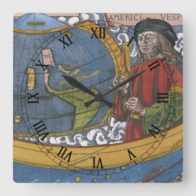 Amerigo Vespucci Explorer on a Map of the Americas Square Wall Clock (Front)