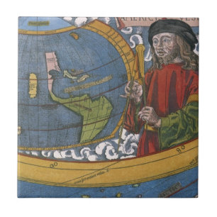 Amerigo Vespucci Explorer on a Map of the Americas Tile