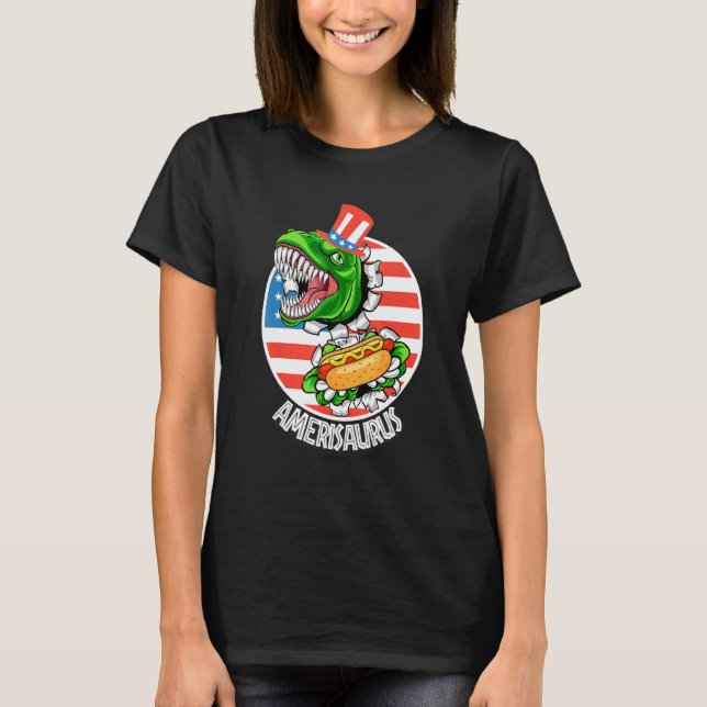 Amerisaurus American Dinosaur Rex Eating Hot Dog L T-Shirt (Front)