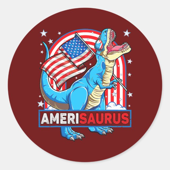Amerisaurus T rex Boys Girls Patriotic Dinosaur Classic Round Sticker (Front)