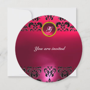 AMETHIST DAMASK GEM STONE MONOGRAM black pink Invitation