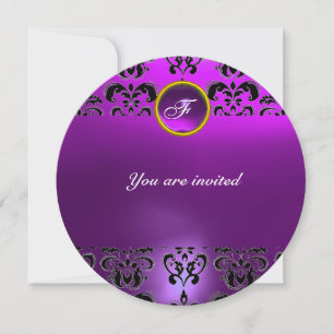 AMETHIST DAMASK GEM STONE MONOGRAM black purple Invitation