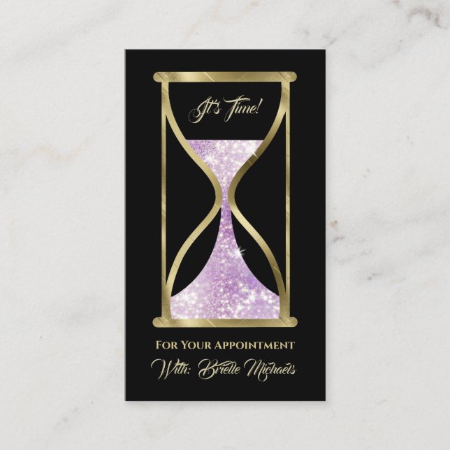 Amethist Purple Glitter Hourglass Hair and Makeup Appointment Card (Front)