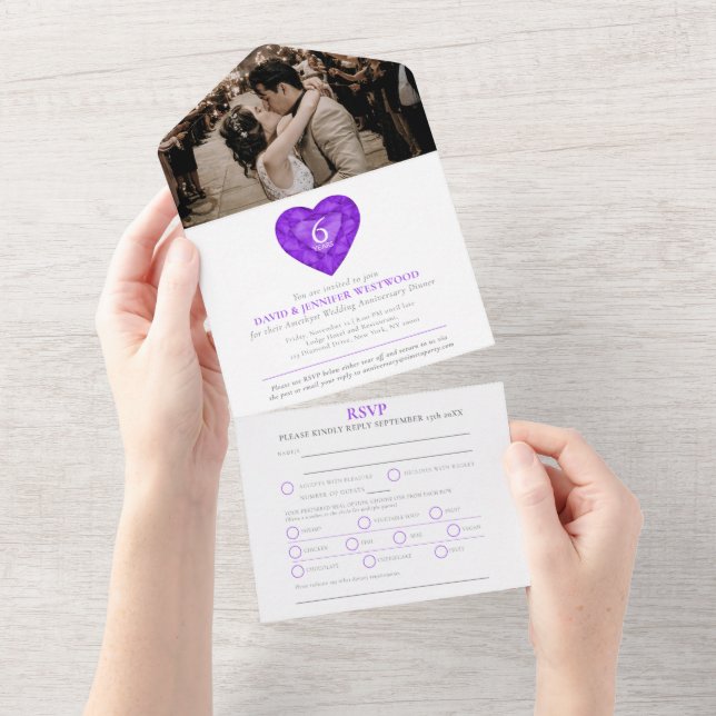 Amethyst 6th wedding anniversary heart photo all in one invitation (Tearaway)