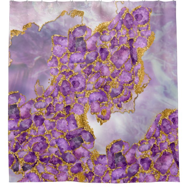 Amethyst and Gold - Abstract Crystal Cluster Shower Curtain (Front)