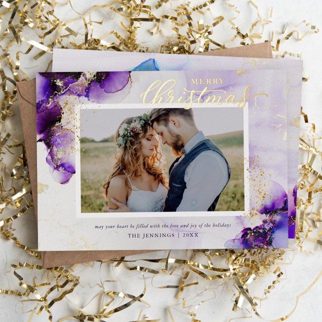 Amethyst and Gold Glam 2 Photo Foil Holiday Card (Creator Uploaded)
