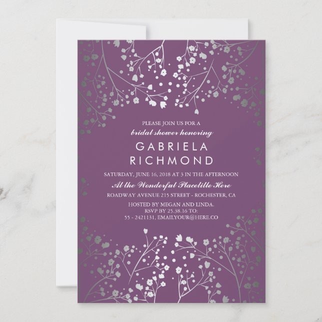 Amethyst and Silver Baby's Breath Bridal Shower Invitation (Front)