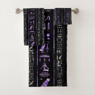 Amethyst and Silver Egyptian hieroglyphics pattern Bath Towel Set