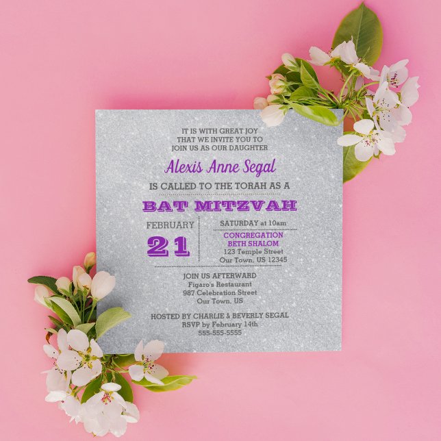 Amethyst and Silver Glitter Glam Bat Mitzvah Invitation (Creator Uploaded)