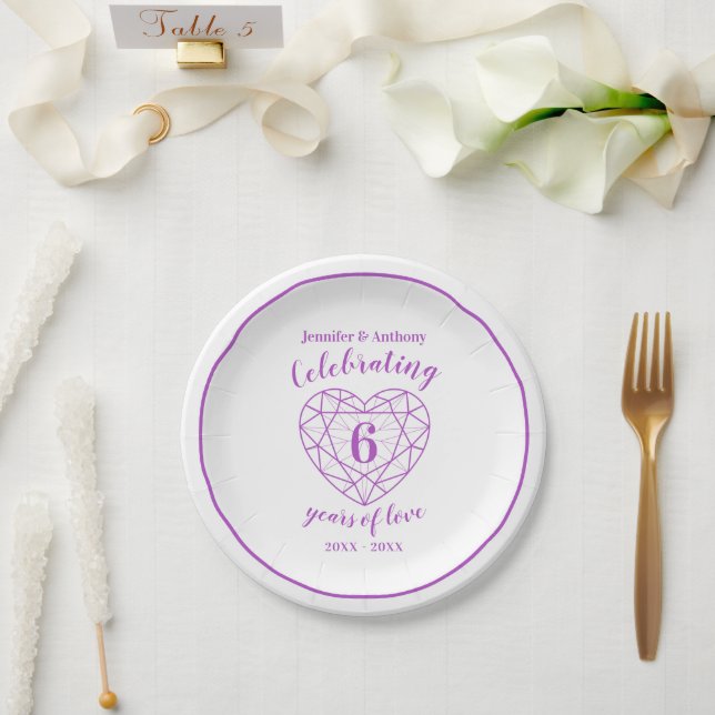 Amethyst anniversary 6 years white personalised paper plate (Wedding)