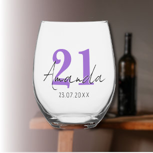 Amethyst Birthday Number   Black 3D Name Date Stemless Wine Glass