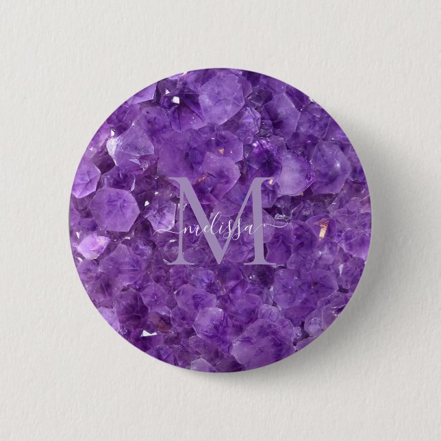 Amethyst Birthstone Monogram Personalised Name 6 Cm Round Badge (Front)