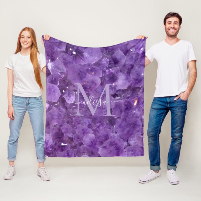 Amethyst Birthstone Monogram Personalised Name Fleece Blanket (In Situ)