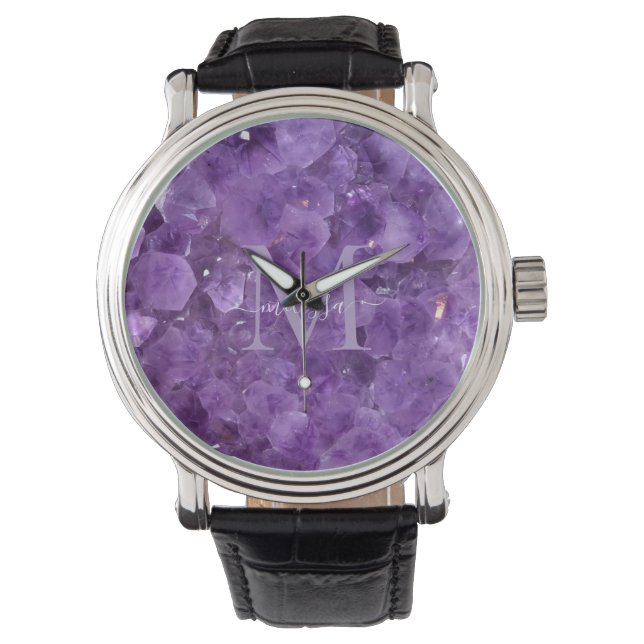 Amethyst Birthstone Monogram Personalised Name Watch (Front)