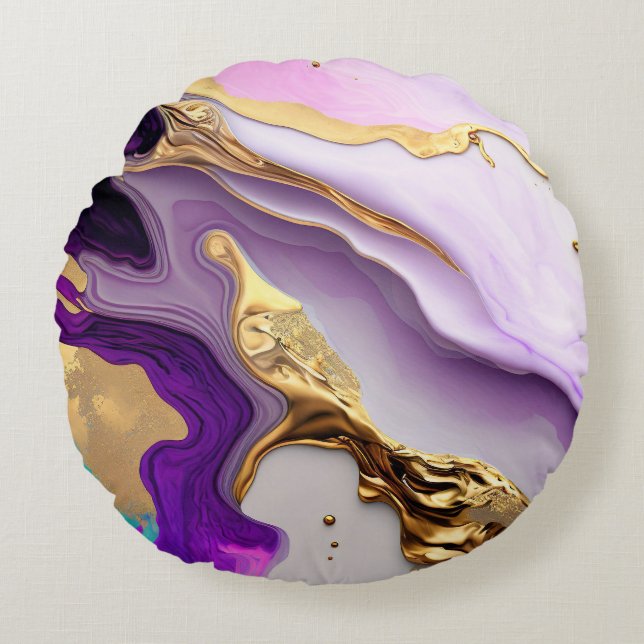 Amethyst & Blush Marble with Liquid Gold Round Cushion (Front)