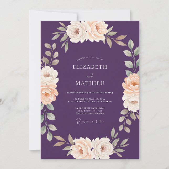 Amethyst Champagne Ranunculus Eucalyptus Wedding Invitation (Front)