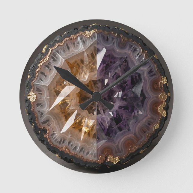 Amethyst Citrine Split Geode Crystal Luxury Round Clock (Front)