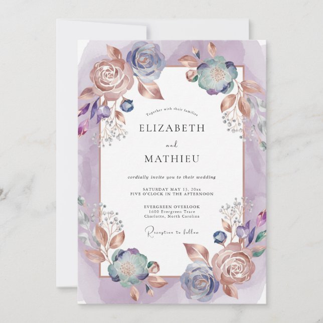 Amethyst Copper Ranunculus Eucalyptus Wedding Invitation (Front)