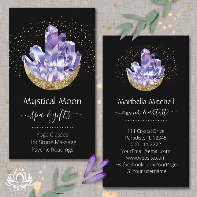 Amethyst Crystal Cluster Gold Crescent Moon Mystic Business Card (Creator Uploaded)