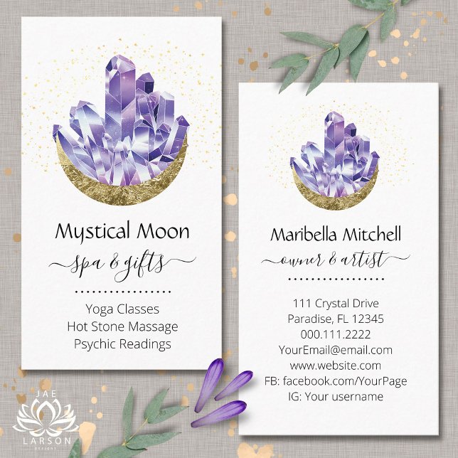 Amethyst Crystal Cluster Gold Crescent Moon Mystic Business Card (Creator Uploaded)