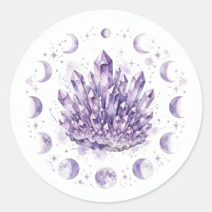 Amethyst Crystal Cluster with Moon Phases — Spirit Classic Round Sticker
