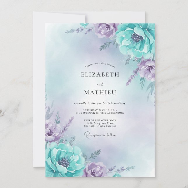 Amethyst Cyan Peony Wedding Invitation (Front)
