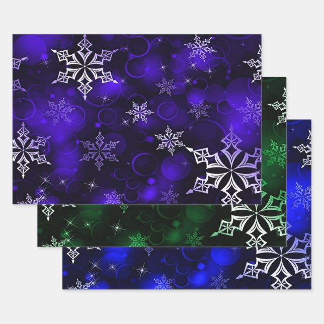 Amethyst Emerald & Royal Blue Snowflake Pattern Wrapping Paper Sheet (Set)