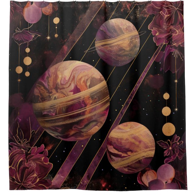 Amethyst Galaxy Planet Gold Celestial Shower Curtain (Front)