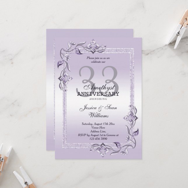 Amethyst Gem & Glitter 33rd Wedding Anniversary In Invitation (Front/Back In Situ)