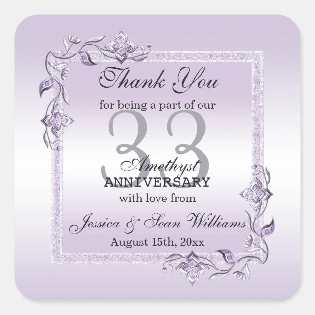 Amethyst Gem & Glitter 33rd Wedding Anniversary Square Sticker (Front)