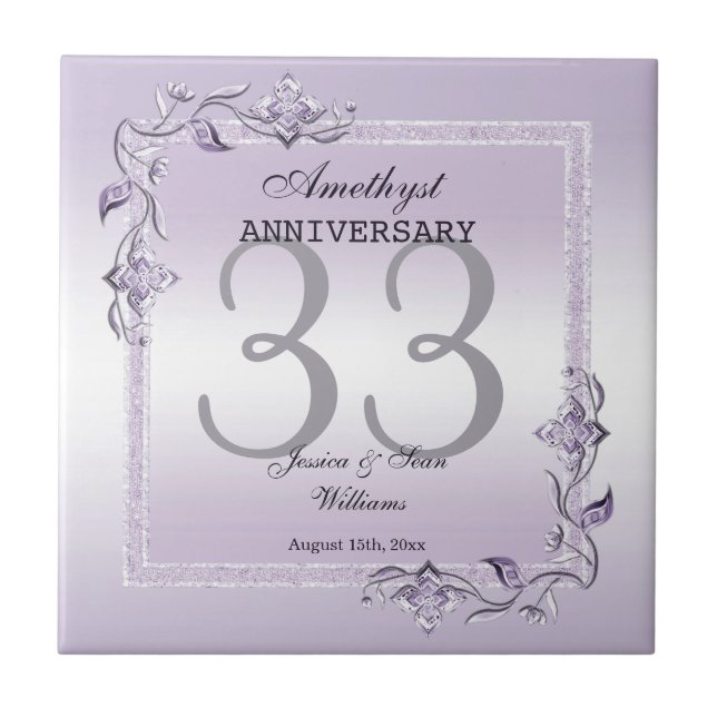 Amethyst Gem & Glitter 33rd Wedding Anniversary Tile (Front)